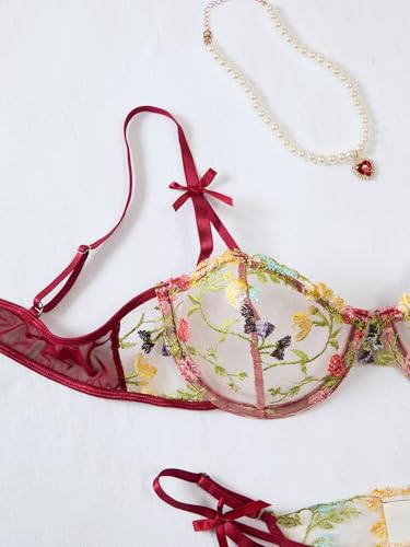 Image of Lilosy Sexy Underwire Cute Push Up Strappy Embroidered Mesh Sheer Lingerie Set See Through Panty Bra
