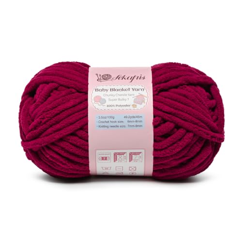 Image of 3.5 oz /49.2 yds Chunky Chenille Yarn for Crocheting, #7 Super Bulky Baby Blanket Yarn for Crocheting Soft, Fluffy Velvet Yarn for Knitting, Amigurumi Crochet Yarn for Crafts (Burgundy)