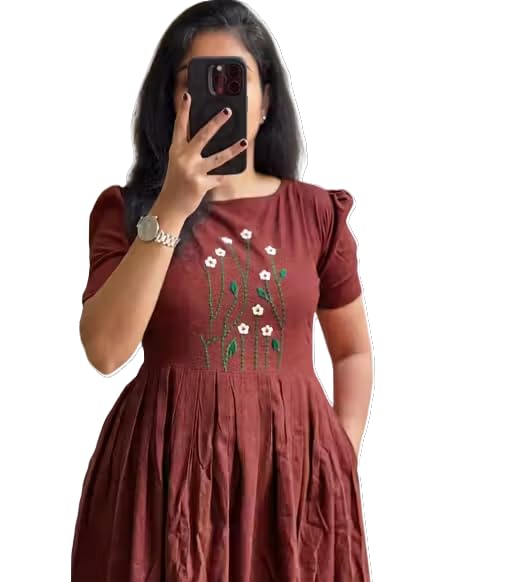 Women's Floral Embroidered Fit and Flare Dress, Short Puff Sleeves, Square Neck, Pleated-image-47