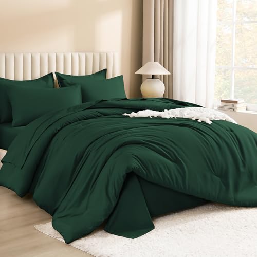 Image of Litanika Super King Plus Comforter Sets Emerald Green - 7 Pieces Bed in a Bag Oversized King Bedding Comforter Sets, Solid Lightweight Bed Set with Comforter, Sheets, Pillowcases & Shams