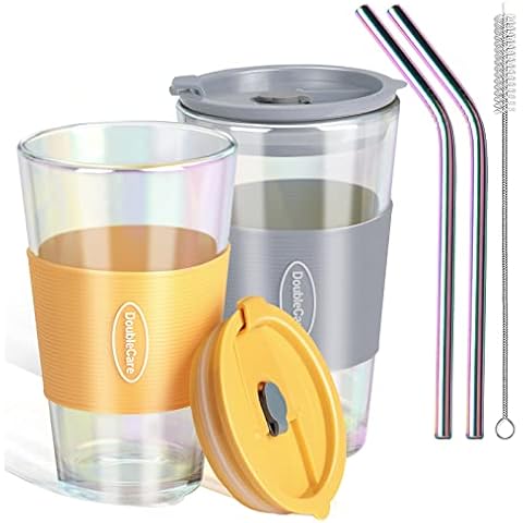 DoubleCare 450ML Iced Coffee GlasBecher to go, Trinkgläser 2er Set, Auslaufsicher Smoothie Becher to go Cover