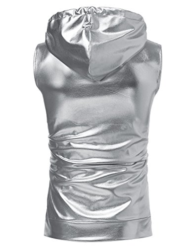 Image of ZEROYAA Mens 70s Metallic Sleeveless Hooded Vest T Shirt | Shiny, Disco, Sparkle, Party, Dance, NightClub, Halloween, Cosplay, Hipster, Kangaroo Pocket, Zip Up