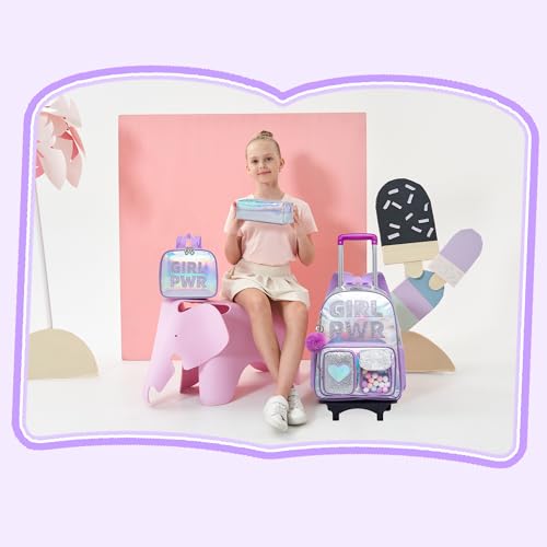 Image of HTgroce Rolling Backpack with Wheel,School Backpack for Kids Girl Roller Schoolbag Wheeled Backpacks Set Carry-on Luggage,Purple