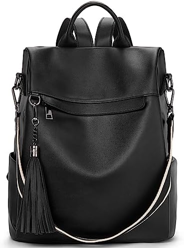 Telena Backpack Purse for Women, PU Leather Anti Theft Travel Backpack Purse Shoulder Bags with Tassel Pure Black