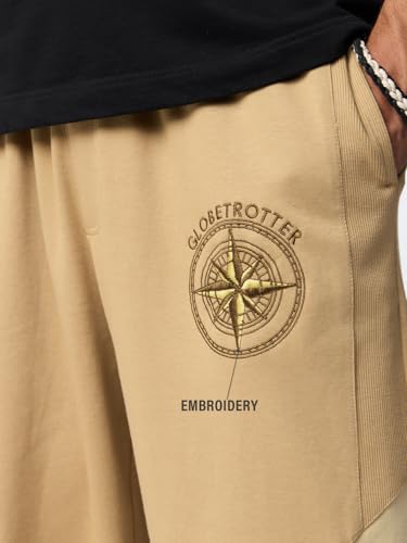 Image of The Souled Store Wanderlust Men and Boys Drawstring Waist Beige and Cream Color-Block Fleece Relaxed Fit Lightweight Embroidered Joggers
