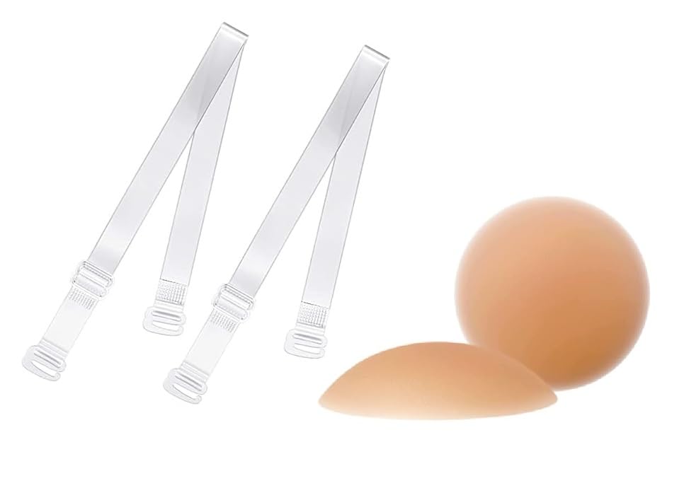 1pair Nipple Cover Reusable Silicone Nipple Pasties to Cover + 1 Pair Nylon Spandex Demi Cup Padded Underwire Detachable Straps Backless Invisible Clear Transparent for Woman-image-49