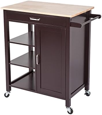 Kinsuite Kitchen Island Trolley Cart with Wheels 4-Tier Utility Wood Rolling Kitchen Storage Cabinet with Drawer Towel Bar Shelves Wooden top Table Dark Brown