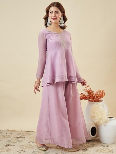 Image of MOKOSH Women's Silk Embroidery Peplum Kurta Sharara with Dupatta | Anarkali Kurta Set | Sweetheart Neck Full Sleeve Ethnic Suit | 3 Piece Outfit | Indian Kurta Outfit With Sharara