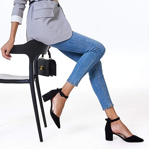 LAICIGO Women's Pointed Toe Pumps Ankle Strap Buckle Chunky Block Heel Dress D'Orsay Shoes2