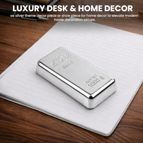 Image of ZAHEPA Realistic Metal Silver Bar Paperweight for Office Table, Fake Silver Biscuit Paper Weight Table Decoration, Prop for Jewellery Shop & Heist Theme, Unique Gift for Home & Office (Pack of 1)