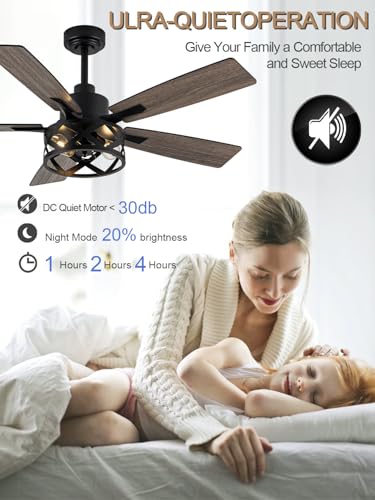 Image of 52 Inch Farmhouse Ceiling Fan with Lights Remote Enclosed Caged Fandelier Ceiling Fan Black Rustic Chandelier, 5 Dual Blades, Reversible Quiet DC Motor 6 Wind Speeds Timer for Bedroom Patio