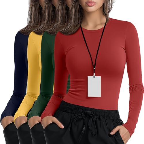 Xaatren 4 Pack Women's Underscrub Shirts Nurse Undershirts Long Sleeve Crewneck Slim Fit Tops Soft Stretchy Basic Tee(Red, Green, Yellow, Navy Blue,Small)