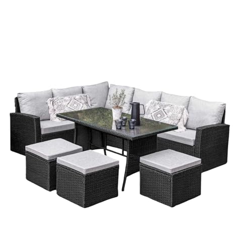 Image of DEVOKO 6 Pcs Outdoor Conversation Set Patio Furniture Set All Weather Wicker Sectional Couch 7 Seater Sofa Dining Table Garden, Poolside, Balcony, Backyard (Black And Grey Color)
