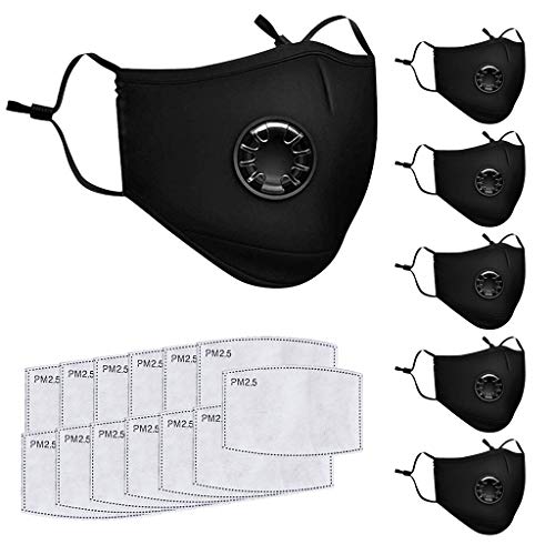 6pcs Black Reusable Dust Face Mask Earloop Dust Mask, Mask with Filter and Valves