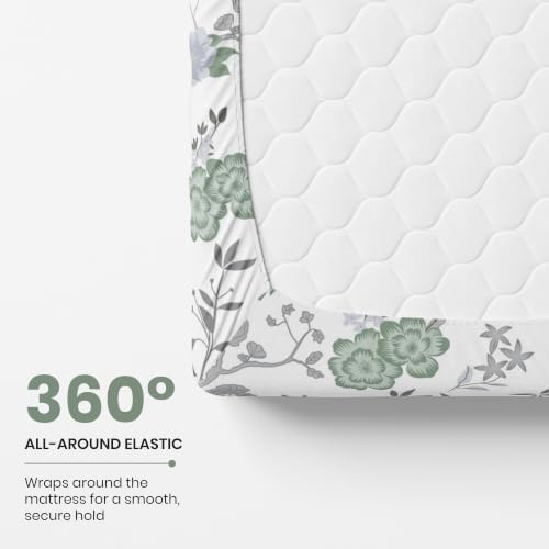 Image of LORETO - A QUALITY LINEN BRAND 144 TC 100% Pure Cotton Single Fitted Bedsheet with 1 Pillow Cover for 72 x 36 Inch Mattress, All-Around Elastic, 8 Inch Deep Pocket, Sage Green & Silver Blooms