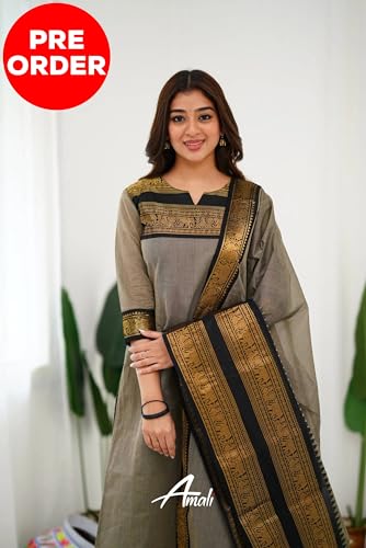 Image of TWINLIGHT Women's Kanchi Cotton Elephant Jaquard Work Kurta and Dupatta Set | V Neck 3 /4 Sleeves Straight Calf Length Kurti with Jaquard Border Work Dupatta | Kurti Set for Women