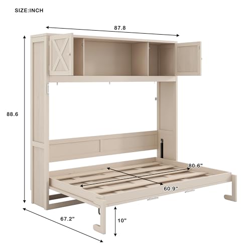 Polibi Queen Size Murphy Bed with Storage Cabinets, Rustic Wall Bed Frame, Space Saving for Small Spaces, Beige