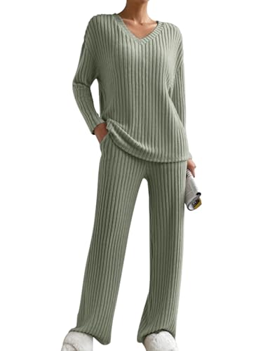 Pyjamas 2 pièces pour femmes ensemble homewear côtelé en maille avec pantalon large
