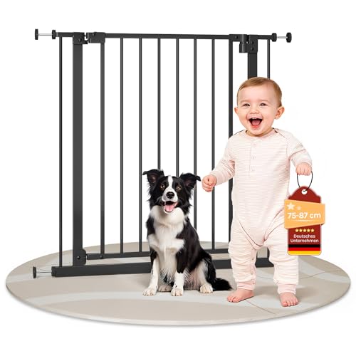 WOLTU Treppenschutzgitter 75–87 cm, Türschutzgitter aus Metall, mit/ohne Bohren, Auto-Close, 90°-Stopp, beidseitig schwenkbar, 2 Riegel, einhändig zu öffnen,Schwarz