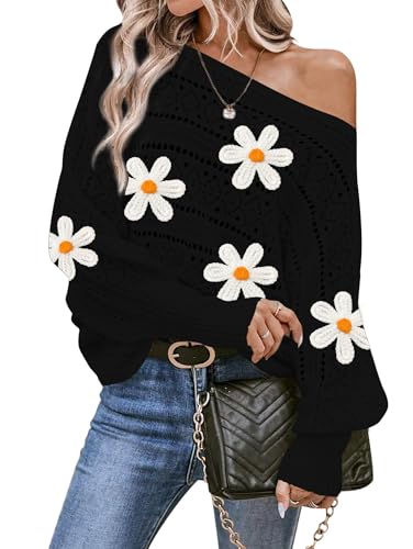 Image of Cakulo Womens Off Shoulder Sweater Top Fall Outfits Fashion 2025 Oversized Knit Batwing Long Sleeve Crochet Flower Sweaters