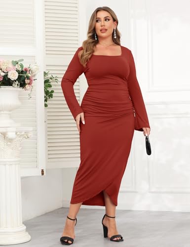 Image of ZOMVA 2024 Plus Size Cocktail Dress Comfortable Bell Sleeves Wedding Guest Square Neck Semi Formal