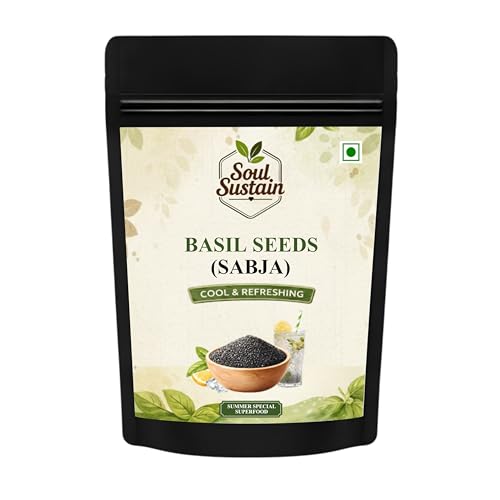 Image of SoulSustain Basil Seeds Sabja Seeds 100 Gram for Drinks Falooda Detox Fiber Rich Tukmaria Seeds for Digestion Cooling Summer Drink Ingredient Natural Sweet Basil Seeds for Soaking Beverages.