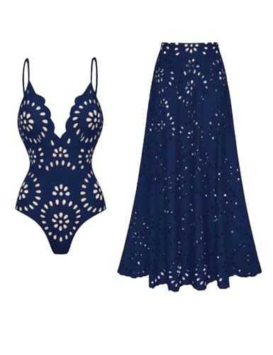 Vibecurve® Flower Hollow One Piece Swimsuit and Skirt Set Black Red Navy3