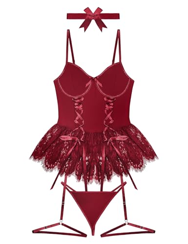 Image of Mixxmix Women Sexy Lingerie Set Naughty Lace Up Corset Bodysuit Underwire Lingerie Babydoll With Garter Belt and Bow Tie