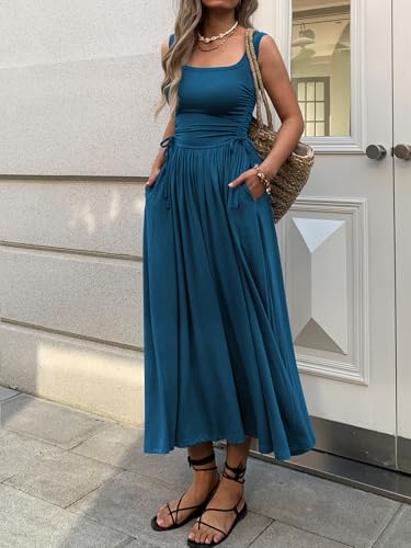 Image of Mieazom Women's Boho Summer Maxi Dress with Pockets, Adjustable Waist, Sleeveless Casual Ruched Sundress for Beach Vacation