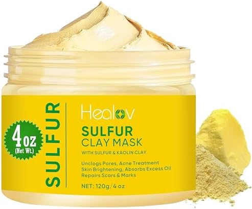 Healov Sulfur Face Mask โ All Natural Sulfur Facial Clay Mask โ Glowing Skincare For Acne, Spots, Oily Skin โ Sulfur Acne Cream Absorbs Excess Oil and Unclogs Pores โ Kaolin Mask Treatment