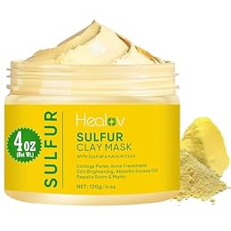 Healov Sulfur Face Mask – All Natural Sulfur Facial Clay Mask – Glowing Skincare For Acne, Spots, Oily Skin – Sulfur Acne Cream Absorbs Excess Oil and Unclogs Pores – Kaolin Mask Treatment