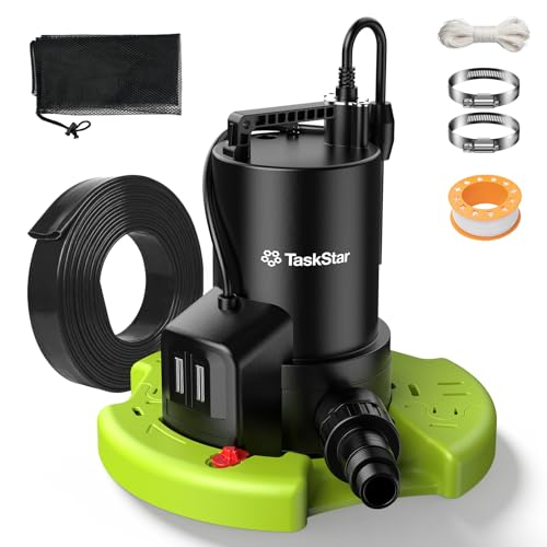 TaskStar 3035 GPH Automatic Pool Cover Pump with 23ft Hose Kit, 1/3 HP Submersible Water Pump with Anti-Clogging Filter Net & 3/4” Check Valve Adapter for Swimming Pool, Hot Tubs, Pond, Rooftops