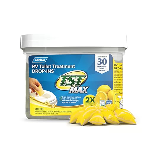 Camco 41577 30 Pack Strength TST Ultra-Concentrated Lemon Citrus Scent RV Toilet Max Treatment Drop-Ins, Formaldehyde Free, Breaks Down Waste and Tissue, Septic Tank Safe