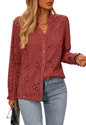 NALANISA Women's Fall Fashion Long Sleeve Shirts Button Down Dressy Casual Blouses V Neck Eyelet Embroidery Hollow Out Tops