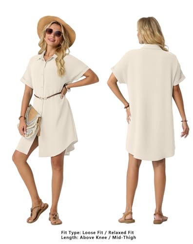 Image of HiMONE Women's Button Down Shirt Dress Casual Loose Short Sleeve Collared Tunic with Pocket Lightweight Beach Cover Up