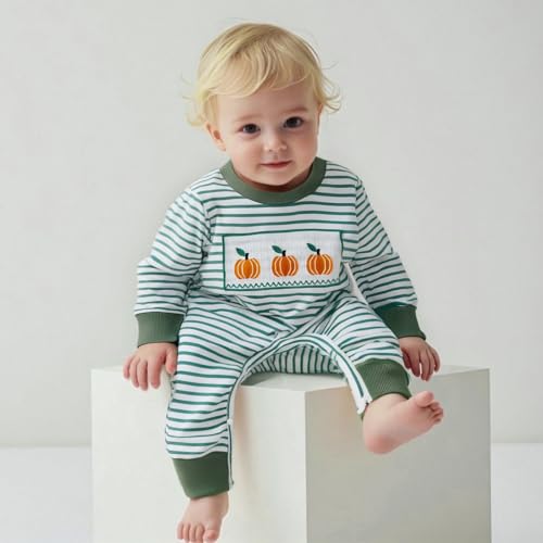 Newborn Baby Boy Girl Halloween Outfit Pumpkin Embroidery Stripe Romper Jumpsuit Bodysuit Fall Winter Clothes3