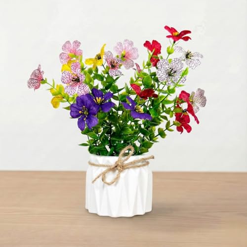 Image of Dekorly Artificial Lavender Plant in White Pot, 18cm - Realistic Faux Flower Arrangement for Home & Office Decor (Set of 1) (1, Daisy Multicolor)