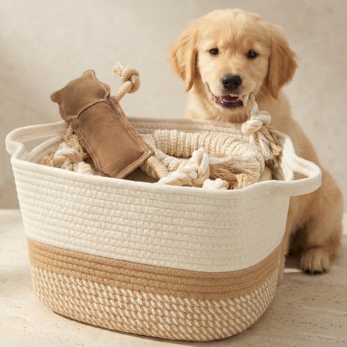 Stylish Cotton Rope Storage Basket For Dog Toys, Magazines or Books - The Perfect Woven Bin with Handles For Everyday Organization Reduces Clutter in Your Rooms - A Decorative Gift & Storage Box