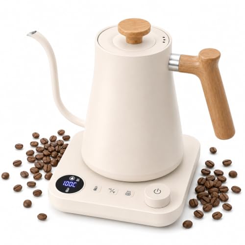 VICBINLY 0.9L Electric Gooseneck Kettle Pour Over Coffee and Tea Kettle Tea Kettles 1200 Watt Quick Heating Boil-Dry Protection Temperature Control Matte White KKT90B