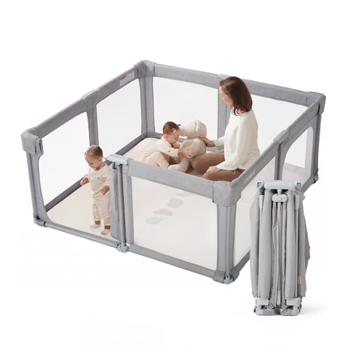 Image of Baby Playpen Portable, Pre-Assembled Play Pen 59x59 Large Foldable Playpen for Babies and Toddlers, Sturdy and Safe Toddler Play Yard Indoor Outdoor with Carry Bag,Grey