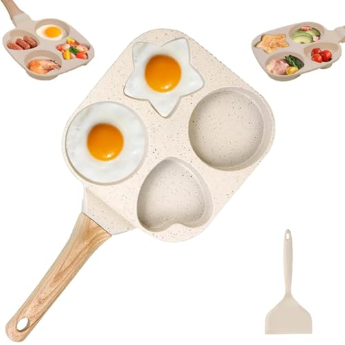 Non Stick Egg Frying Pans 4 Holes Shapes, 4 Hole Non Stick Egg Frying Pan, Egg Frying Pan Nonstick Star And Heart, Non Sticks Star Hole Design Egg Frying Pans, for Pancake Hamburger Eggs (White)