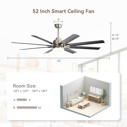 Image of Sofucor Smart Ceiling Fans with Lights, 52'' Ceiling Fan with Light and Remote, Work with Alexa /Google, Black Indoor /Outdoor Ceiling Fan, Quiet DC Motor, 3CCT, 8 Blades Ceiling Fans for Bedroom Patio