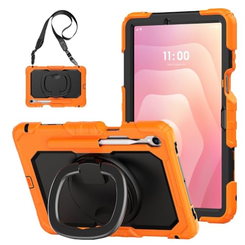 Coque Samsung Galaxy Tab S9 Plus orange et noire avec support rotatif et sangle