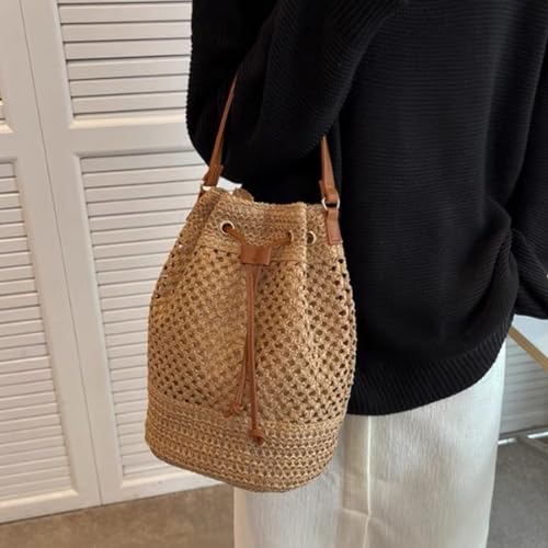 Straw Bucket Bag, Straw Shoulder Bag, Bucket Purse, Strap Beach Wicker Purse Drawstring Closure, Woven Crossbody Bag for Women Vacation, Green3