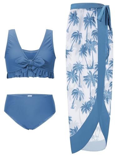 Image of ESHOO Girls Swimsuits 3 Piece Bikinis Sets with Cover Up Skirt Warp Bathing Suit Beach Swimwear for Teen Girls 10-14 Years