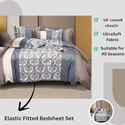 Image of 400 TC Cotton Feel Glace Cotton Fully Elastic Fitted Bedsheet Queen Size Double Bed with 2 Pillow Covers (60 inch x 78 inch inches, Ottawa)
