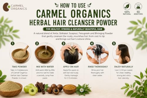 Image of CARMEL ORGANICS Herbal Hair Cleanser Powder 340 Grams | Blend of Soapnut, Shikakai, Amla, Fenugreek & Bhringraj Powder, Nourishes the Scalp and Hair With Essential Nutrients