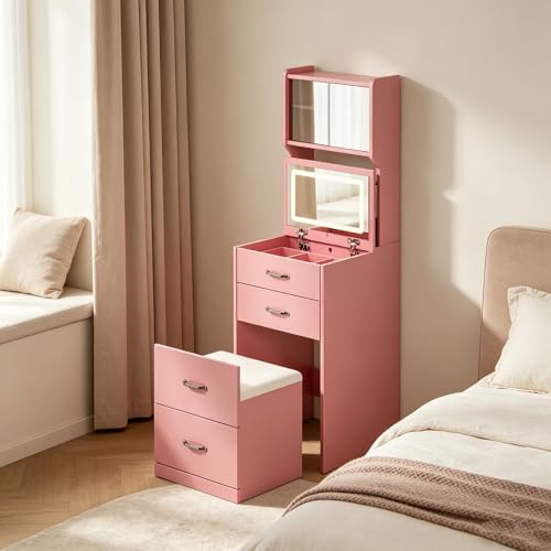 ARISTCY Vanity Desk with Mirror and Lights 3 in 1 Compact Makeup Vanity with Mirror and Lights Corner Vanity Desk with Drawers Storage Stool Multifunctional Bedroom Makeup Table for Women Kids