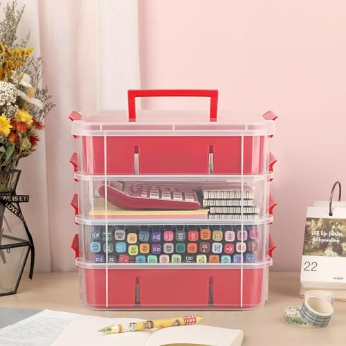 Image of plastic boxes for Storage transparent boxes for storage, Portable & Stackable Space Saving Organiser with Lid for Medicine, Jewelry, Arts & Crafts, Buttons, Beads (Red, 4 TIER WITH 2 TRAY)