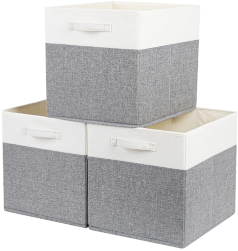 Mangata Cajas de almacenamiento de 28 x 28 x 28 cm, cestas de almacenamiento de tela para cubos de ropa, cestas, cofres, juguetes (Gris/blanco, 3 piezas)
